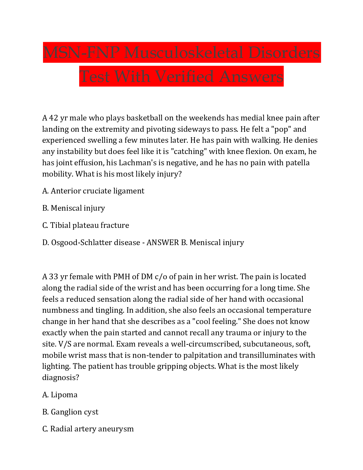 Preview image for MSN-FNP Musculoskeletal Disorders  Test With Verified Answers